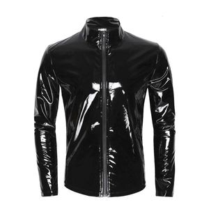 Plus Size Men Sexy Glossy PVC Shirt Erotic Shaping Sheath Latex Casual Coat Male Shiny Metallic Leather Jacket Tops Sexi Catsuit Costumes