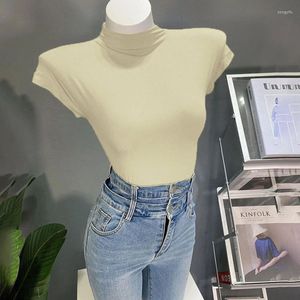 Kadın Tişörtleri Toptan Seksi Base Modal Mock Boyun Kadınlar Yüksek Strecth İnce Top Yaz Kısa Kollu Sıska Uygun Uygun İnce Gömlek