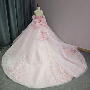 Pink Off The Shoulder Quinceanera Dress Ball Gown Applique Lace Beading Tull Bow Mexican Corset Sweet 16 Vestidos De 15 Anos