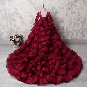 Amazing Multi-Layer Girls Pageant Gowns Dark Red Lace Long Sleeves Appliques Beads Flower Girl Dresses For Wedding Long Train Party Dre 2543