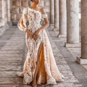 Graceful Champagne One Shoulder Thigh Slits Mermaid Wedding Dresses Long Sleeve Lace Appliques Overskirt Pearls Beach Bridal Gowns Robe 285J