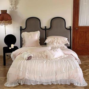 Bettwäsche -Sets rosa romantische Spitze Rüschen Bug französischer Prinzessin Hochzeitset 1000 tc ägyptische Baumwoll Bettdecke Bettlaken Kissenbezüge