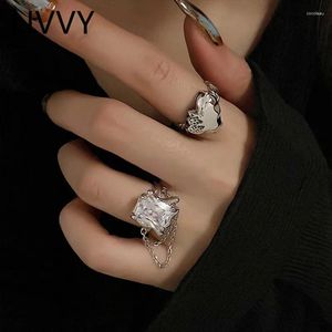 Cluster Rings Livvy Silver Color Trendy Sparkling Zircons Chain Tassel For Women Couples Elegant Love Heart Wedding Party Jewelry