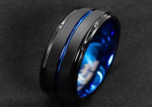 8 mm schwarz gebürstete Leiterkante Wolfram Ring Blue Stripe auf Herren Hochzeitsband Größe 7 132310191