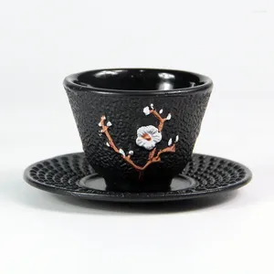 Koppar tefat gjutjärn tekoppsfat plommonblomma mönster tung tull castiron teacup och mat metall espresso kaffe dryck