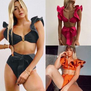 Solid New Color Split Women S Heavy Industry Pressing Line Ruffle Edge Sexy Bikini Swimsuit exy wimsuit