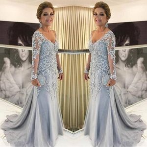 Graceful Lace Mother Of The Bride Dresses V Neck Long Sleeves Tulle Appliques Plus Size Floor Length Women Formal Evening Mother Gowns 242s