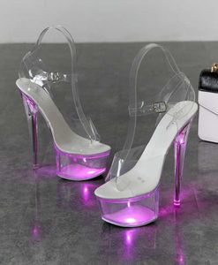 Işıklı parlayan ayakkabılar kadın aydınlık berrak sandalet kadın platform ayakkabıları açık yüksek topuk şeffaf striptizci düğün9728550