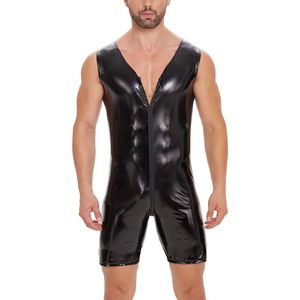 S-7XL Mens Sexy Shiny Bodysuit Crotchless Double Zipper Open Crotch Leotard Short Sleeve Males Wetlook Leather Jumpsuit Catsuit Costumes