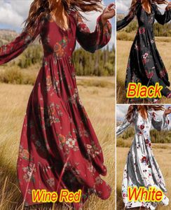 Kvinnor Ruffled Casual Dresses Long Sleeve For Summer Spring and Fall Womens Flowers Pattern Print Ladies Vneck Puff Sleeve Printe5289410