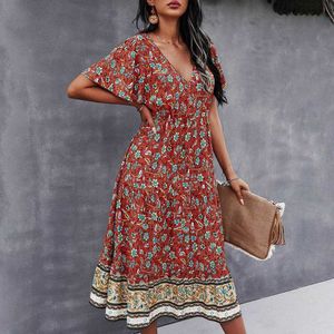 Basic Casual Dresses Bohemian summer skateboard dress womens floral print Vneck short sleeved pleated beach dress Bohemian holiday casual retro womens clothi