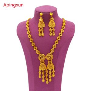 Apingxun Design Double People 24K Gold Farbe Halskette Ohrringe Schmuck Set Französisch Großbritannien Frauen Braut Mutter Frau Geschenke 240506