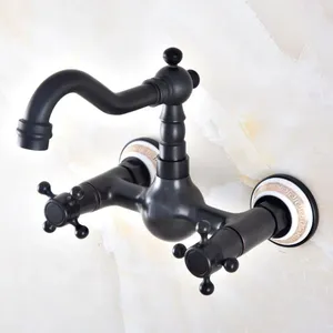 Kitchen Faucets Black Oil Rubbed Bronze Ceramic Base Wall Mounted Bathroom Sink Faucet Swivel Spout Mixer Tap Dual Cross Handles Anf878