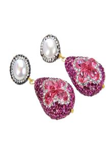 GuaiGuai Jewelry Red Crystal Rose CZ Natural White Pearl Earrings Handmade For Women Real Gems Stone Lady Fashion Jewellry2462445