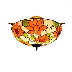 Taklampor Tiffany Pastoral Style Solflower Stained Glass Lamp Flush Mount Lighting Fixture For Living Room Kitchen Island