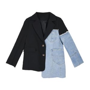 Women's Suits Women Vintage Fashion Blazer Denim Patchwork Jackets Autumn Winter Irregular Coat Long Sleeve Loose Korean Outerwear