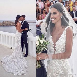 Backless Mermaid Beach Wedding Dresses 2020 V-neck 3D Lace Applique Sweep Trumpet Steven Khalil Garden Bridal Wedding Dress 250d