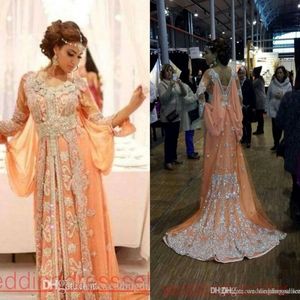 Elegant Kaftan Abaya Arabic Evening Dresses Beaded Sequins Appliques Chiffon Long Formal Gowns Dubai Muslim Prom Dresses 259G