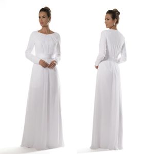 Biała szyfonowa świątynia skromne sukienki druhny z długimi rękawami panny młode nieformalne sukienki recepcyjne A-line długość podłogi nowa niestandardowa wykonana 297G