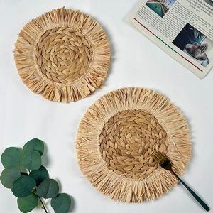Tapetes de mesa estilo rústico de palha de tecido de palha, acessórios de cozinha feitos à mão Anti-escaldado decoração de isolamento de calor