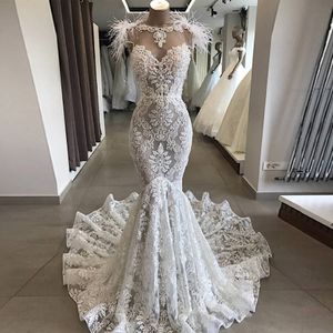 Major Beading Pearls Arabic Full Lace Wedding Dress With Sheer Neckline Mermaid Dress Sexy Backless Bridal Gowns Plus Size Vestidos 299N