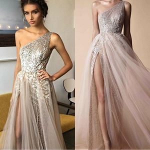Berta Fashion Prom Dresses One Shoulder A Line Sequined Evening Gowns With Beads Floor Length Front Split formal Party Dresses 263v