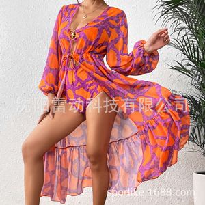 Hollowed New Out Strap One Piece For Women In New Swimsuit Cover Up Two Set With Printing