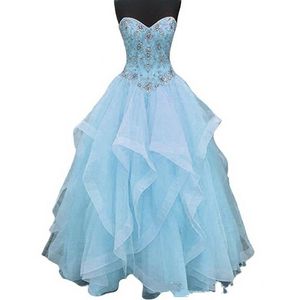 2019 Organza ruffles älskling bollklänning quinceanera klänningar pärlad söt 16 år prom party klänning vestidos de 15 anos qc1384 221t