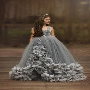 Grey Flower Girls Dresses 2019 3D Floral Pageant Dress for Little Girls Handgjorda Flowers Kids Birthday Party Gowns Custom Made 3176