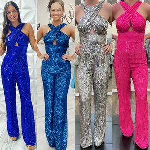 Pullu Tulum Pantolon Suit Criss-Cross-Cross Halter 70s Disko Lady Prom Pageant Resmi Akşam Özel Durumu Gala Kırmızı Halı Pist Romper Açık Peacock Kraliyet Gümüş Açık