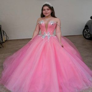 Pink 2021 Msquerade Ball Gown Quinceanera Dresses Pricess with Off the shoulder Tulle Prom sweet 16 Dress Birthday Party Attire 259y