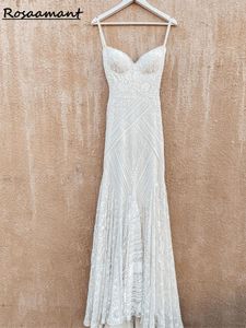 Boho Spaghetti Straps Appliques Wedding Dresses Mermaid Lace Sweep Train Bridal Gown Custom Made Backless vestido de noiva