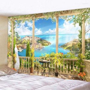 Tapisserier Vacker landskap Tapestry European Garden Sea View Wall Hanging Hippie Bohemian Eesthetics Home Decoration Yoga Mat