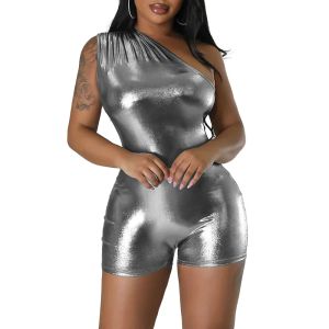 Faux Leather Bodysuit One Shoulder Stretchy Fitted Sexy Women Holiday Romper Outfit Summer Jumpsuit women Mini Shorts Clubwear