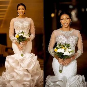 2022 Mermaid Ruffles Wedding Dresses Bridal Gown 3 4 Long Sleeves Lace Applique Beaded Tiered Skirt Organza Custom Made African Plus Si 273y