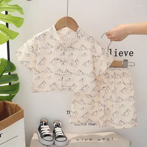 Clothing Sets Summer Boys Set 2024 Fashionable Chinese Style Infant And Toddler Full Print Landscape Shirt Sleeve Shorts Outfits