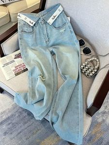 Frauen Jeans Freizeitbrief Frauen Street Chic Lose Flanch -Jeanshose Frauen Frühling hoher Taille gerade weit Bein Hosen Lady