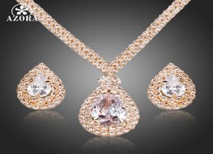 Whole Gorgeous Gold Color Clear CZ Water Drop Crystal Pendant Necklace and Earrings Women Wedding Jewelry Sets TG01586689264