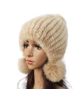 Fashion Women Real mink hat Winter warm mink fur knit hats Women fur ball cap Q1905292513374