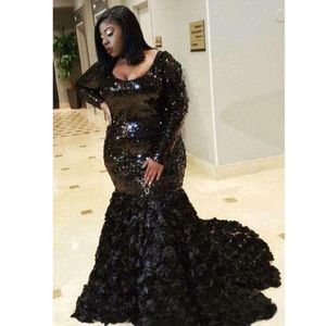 Black Sequins Mermaid Evening Dresses Scoop Neck with Hand Made Flowers Long Sleeve Plus Size Prom Gowns Robe De Soiree 239I