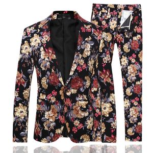 Mens business casual slim fit suit with jacket pants 2-piece set of fashionable floral print tailcoat wedding formal dress jacket floral jacket 240429