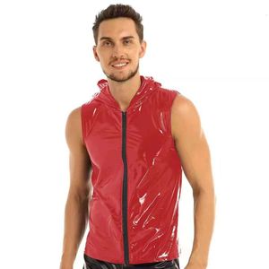 S-7XL artı boyutu erkek parlak pvc hoodies gömlekleri kolsuz ıslaklık lateks tank üstleri kapşonlu deri yelek tişört tam fermuarlı catsuit kostümler