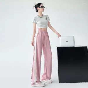 Women's Pants Fashion Korean Versatile Thin Striped Wide Leg Women Panelled High Waist Drawstring Pocket Loose Sports Straight Trousers