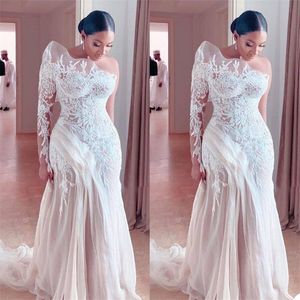 Real Image Plus Size Mermaid Wedding Dress One Shoulder Ruffles Appliqued Lace Bridal Dresses Custom Made Gorgeous SweepTrain Robes De 242T