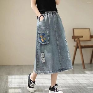 Skirts Aricaca Women High Quality Flower Embroidered Denim M-L Casual A-line Summer