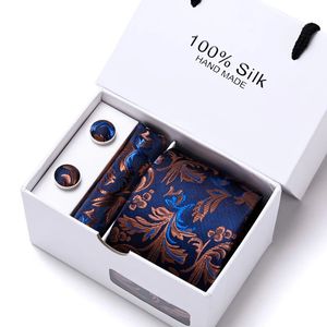 Marca 100% Silk Ties Gift Box Office Men Classic Party Wedding listrado 75cm Floral Tiece Lenghtie Lenkerchief 240511