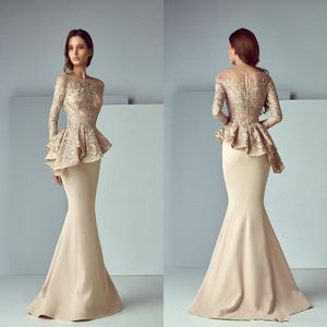 2021 Champagne Mermaid Arabic Evening Dresses Wear Long Sleeves Lace Appliques Zipper Back Peplum Ruffles Sweep Train Prom Dress Party 332e