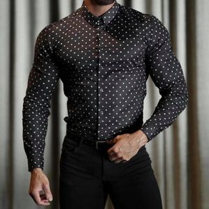 Men Vintage Polka Dot Print Business Fit Capel Casual Slave Shirt Shirt Streetwear Cardigan High End Manga Longa Camisa 240511