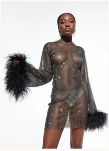 Sexy Sparkle Black Mesh Sheer Shinestones Body Chain Abside Dress Abito per pelliccia Donne Celebrità Celebrità Rave Festival Outcift