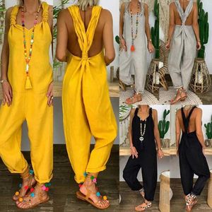 Kvinnors jumpsuits Rompers Lossa Casual Linen Print Jumpsuitwomen Solid Color Bib övergripande slöfri Backless Knutted Jumpsuit Dungars T240510